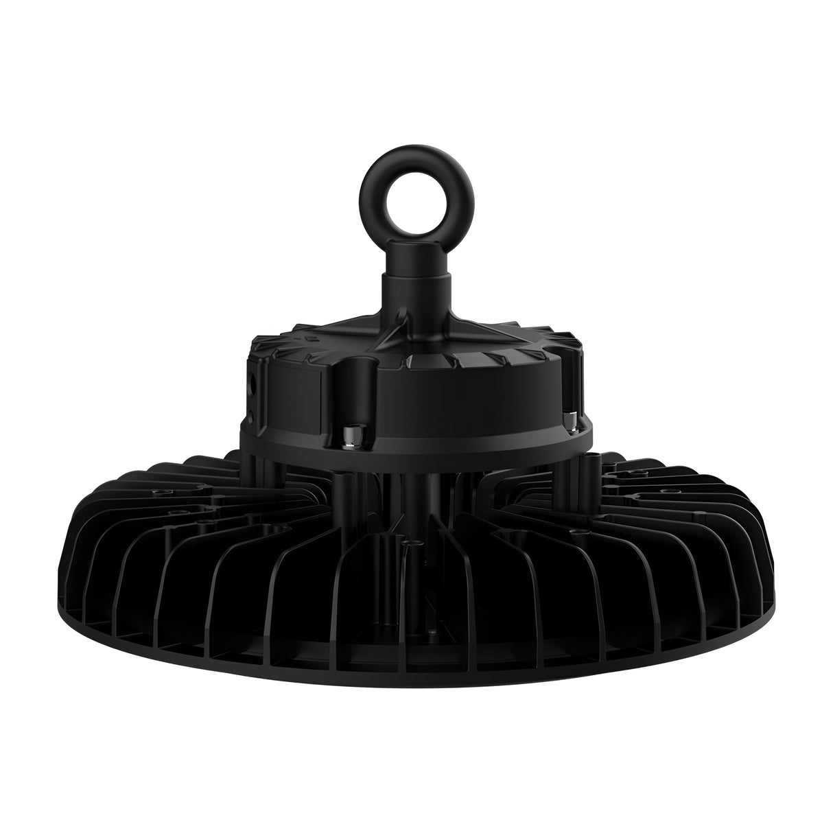 The Lumilife 200W Essential UFO High Bay - 5700K is a black industrial LED high bay light with a circular design and a hook on top for hanging. It is dimmable and features a ribbed aluminum heat sink for efficient cooling. With an IP65 rating, it is ideal for use in warehouses or large indoor spaces.