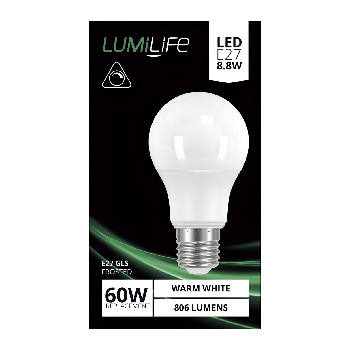 The packaging for a LumiLife LED bulb displays an image of a frosted, dimmable LED bulb, highlighting key features such as its E27 base and 7.3W power consumption, replacing traditional 60W bulbs. Emitting a warm white glow at 2700K, it provides energy-efficient lighting perfect for any setting. The design is set against a black background with green accents and triangular elements.