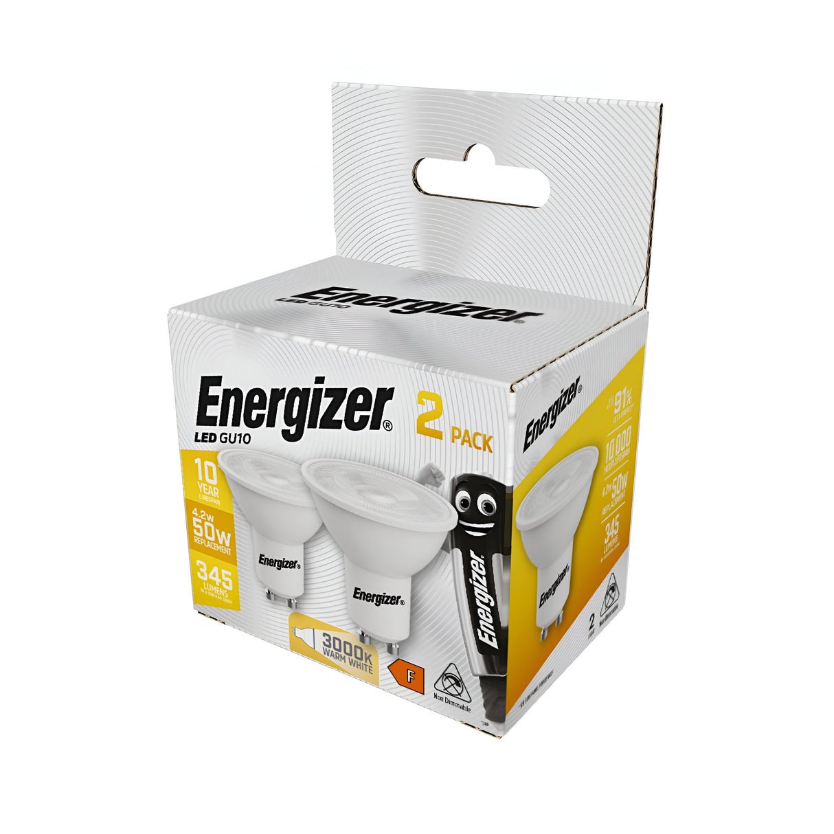 Displayed is a box of Energizer 4.2W GU10 Non-Dimmable LED Bulbs, Warm White, 3000K (2 Pack). The packaging emphasizes energy efficiency with features such as 345 lumens and delivers a cozy warm white light at 3000K. Each bulb consumes only 4.2W as an efficient replacement for traditional 50W bulbs, boasting a lifespan of up to 15,000 hours. The box prominently features images of the bulbs along with Energizer branding.