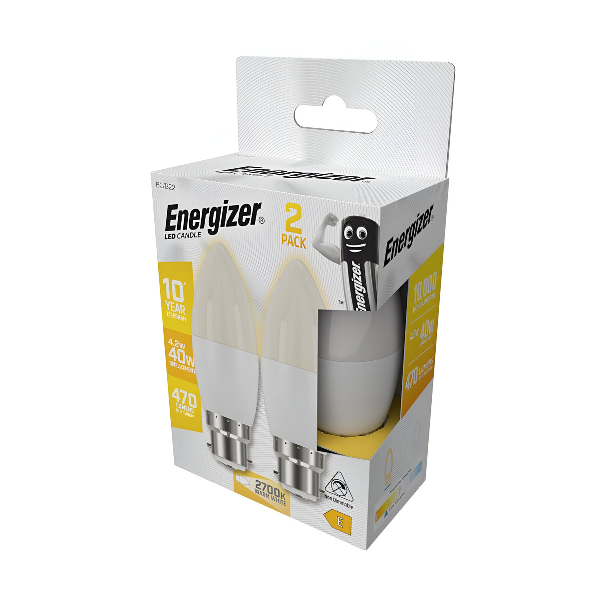 A pack of two Energizer 4.9W Non-Dimmable LED Candle Bulbs in warm white, B22, with a color temperature of 3000K. These bulbs provide a 40W equivalent brightness with 470 lumens and offer energy efficiency along with a long lifespan of up to 10 years. The packaging features a convenient handle for easy carrying.