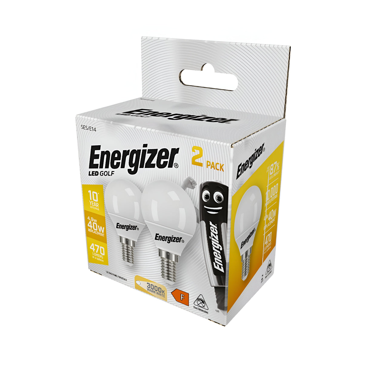 The packaging of the Energizer 4.9W Non-Dimmable LED Golf Ball Bulbs in a 2-pack features energy-efficient lighting with a lifespan of 10 years. These bulbs provide a 40W equivalent, emitting 470 lumens in a warm white color temperature of 3000K. The box highlights an energy efficiency rating of F and is adorned with an image of a smiling light bulb character.
