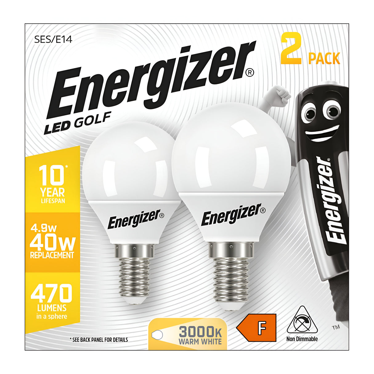 The Energizer 4.9W Non-Dimmable LED Golf Ball Bulb, sold in a pack of two, offers energy-efficient lighting with E14 fittings and emits a 3000K Warm White glow. It serves as a 40W equivalent replacement, produces 470 lumens, boasts a 10-year lifespan, and features packaging adorned with a cheerful battery character.