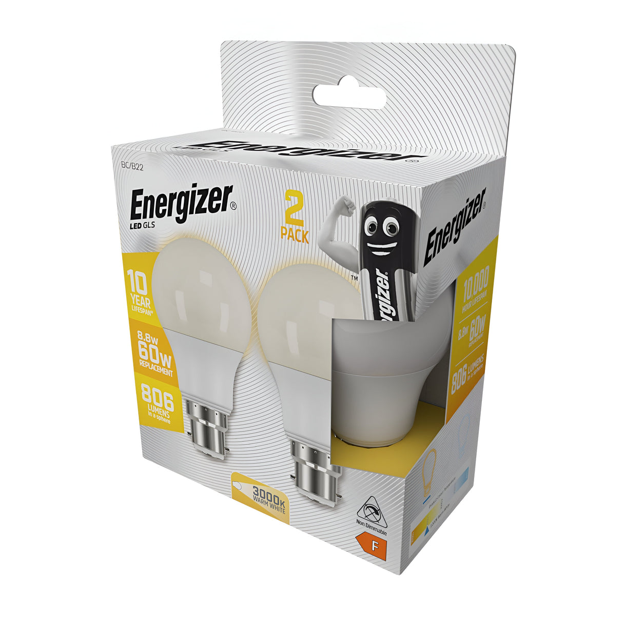 The packaging of the Energizer 8.8W Non-Dimmable LED GLS Bulb showcases a pair of light bulbs with features including a B22 bayonet cap, an impressive 10-year lifespan, energy-efficient LED technology, and a brightness of 806 lumens that mimics a 60W bulb. It emits a warm white glow at 3000K and is adorned with an illustrated battery character.