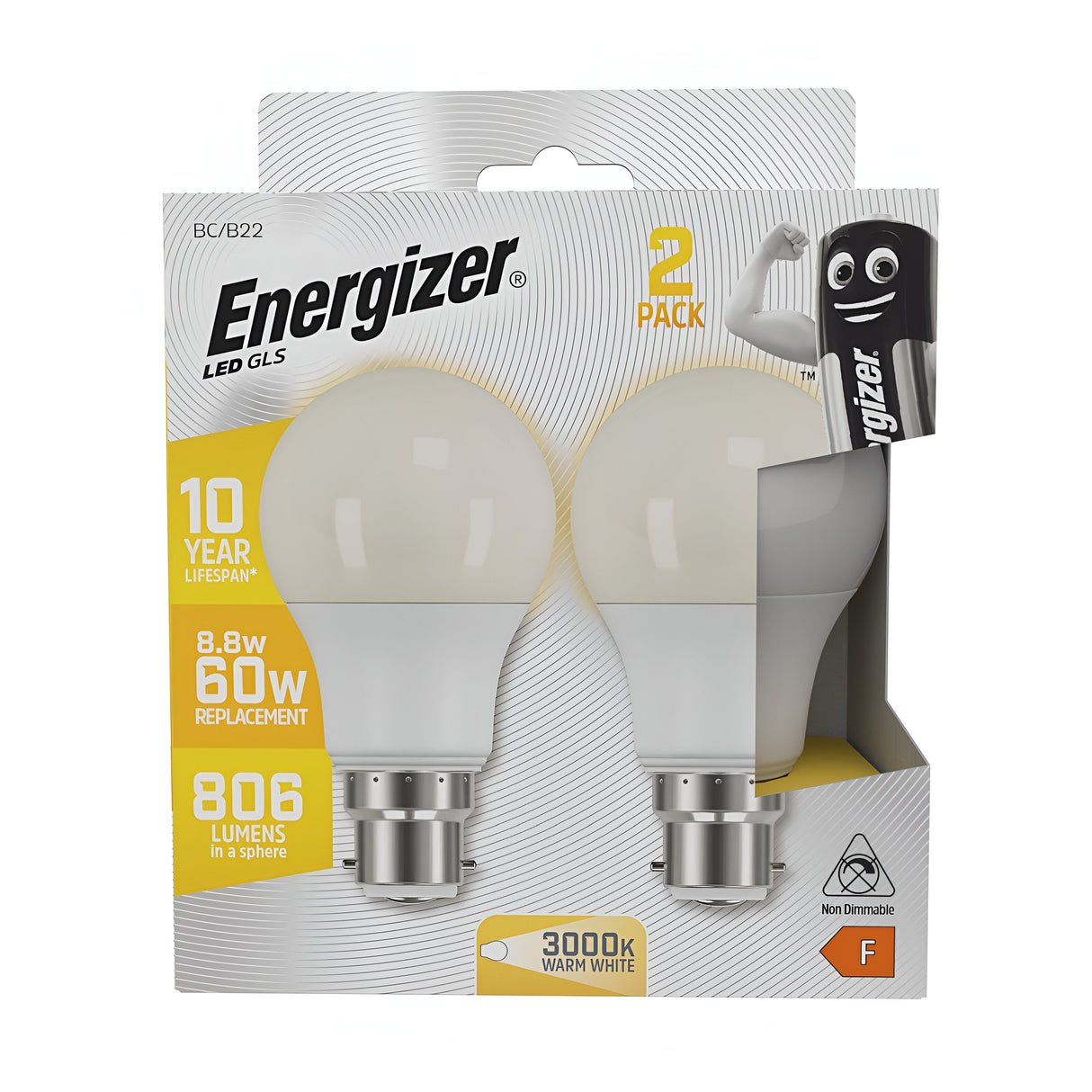 Packaging of the Energizer 8.8W Non-Dimmable LED GLS Bulb - Warm White, B22, 3000K (2 Pack) showcases its energy-efficient LED design. It features a warm white glow and boasts a lifespan of up to 10 years. With a power consumption of 8.8W equivalent to a traditional 60W bulb, it delivers 806 lumens at a color temperature of 3000K and is equipped with a B22 bayonet cap. The box also features a cartoon mascot in the top right corner.