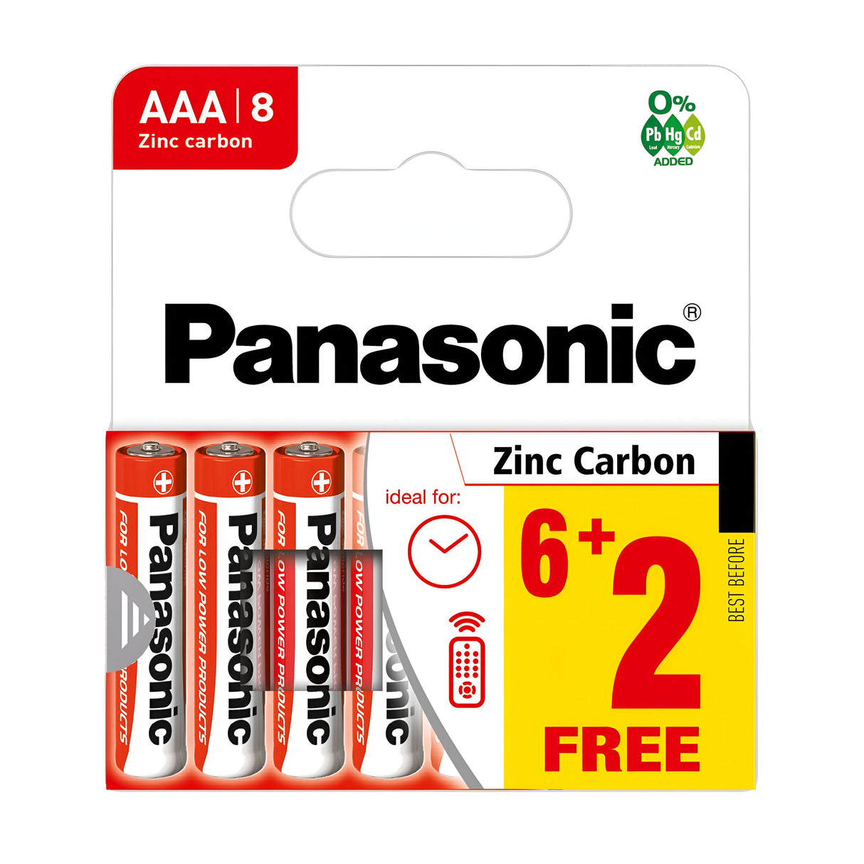 Image of Panasonic AAA LR03 Zinc Batteries (6+2 Pack) featuring a promotional offer of "6 + 2 FREE" on the packaging. Ideal for low-drain devices, the packaging includes icons suggesting their suitable applications. The label emphasizes environmental friendliness with 0% Pb, Hg, and Cd, indicating no presence of lead, mercury, or cadmium.
