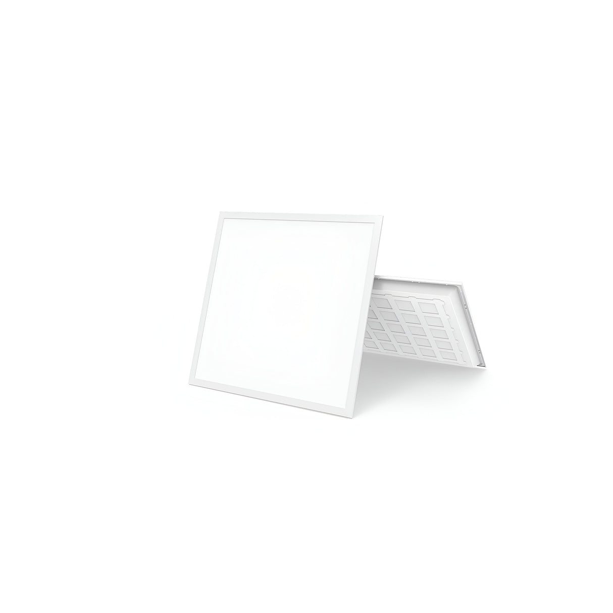 A Lumilife LED 600x600mm Panel Light - 6500K, 36W is displayed against a plain white background. One panel stands upright, highlighting its advanced glare control, while the other leans backward to reveal the grid-like texture on its back. This dimmable system offers adjustable brightness for any setting.