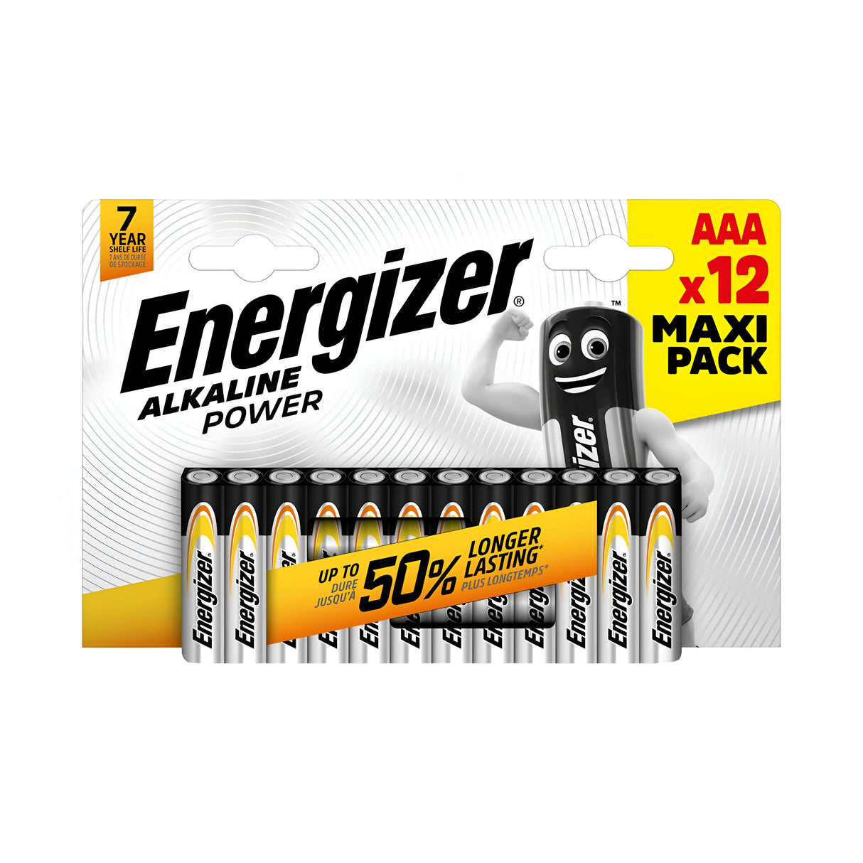 Image of a pack of Energizer Power AAA LR03 Alkaline Batteries (12 Pack), featuring a cartoon battery character flexing on the packaging. It promises long-lasting energy with up to 50% more power and a 7-year shelf life.