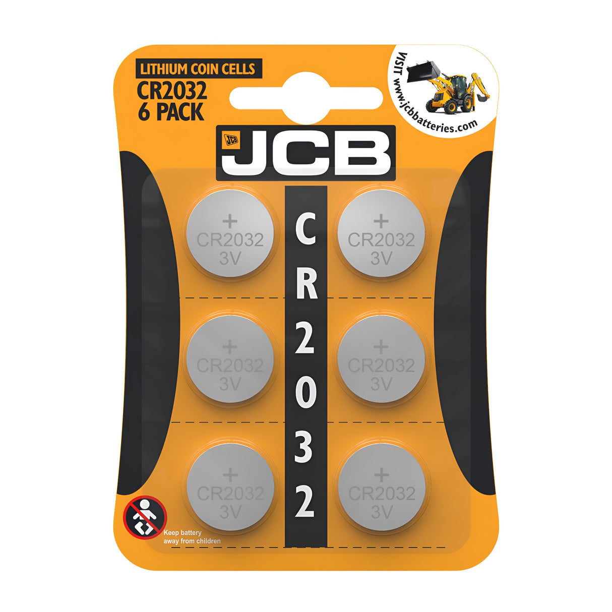 An image of the JCB CR2032 Lithium Coin Cell Battery 6 Pack displays a set of six dependable CR2032 3V batteries, with packaging in vibrant orange and black colors, prominently featuring the JCB logo alongside a digger graphic.