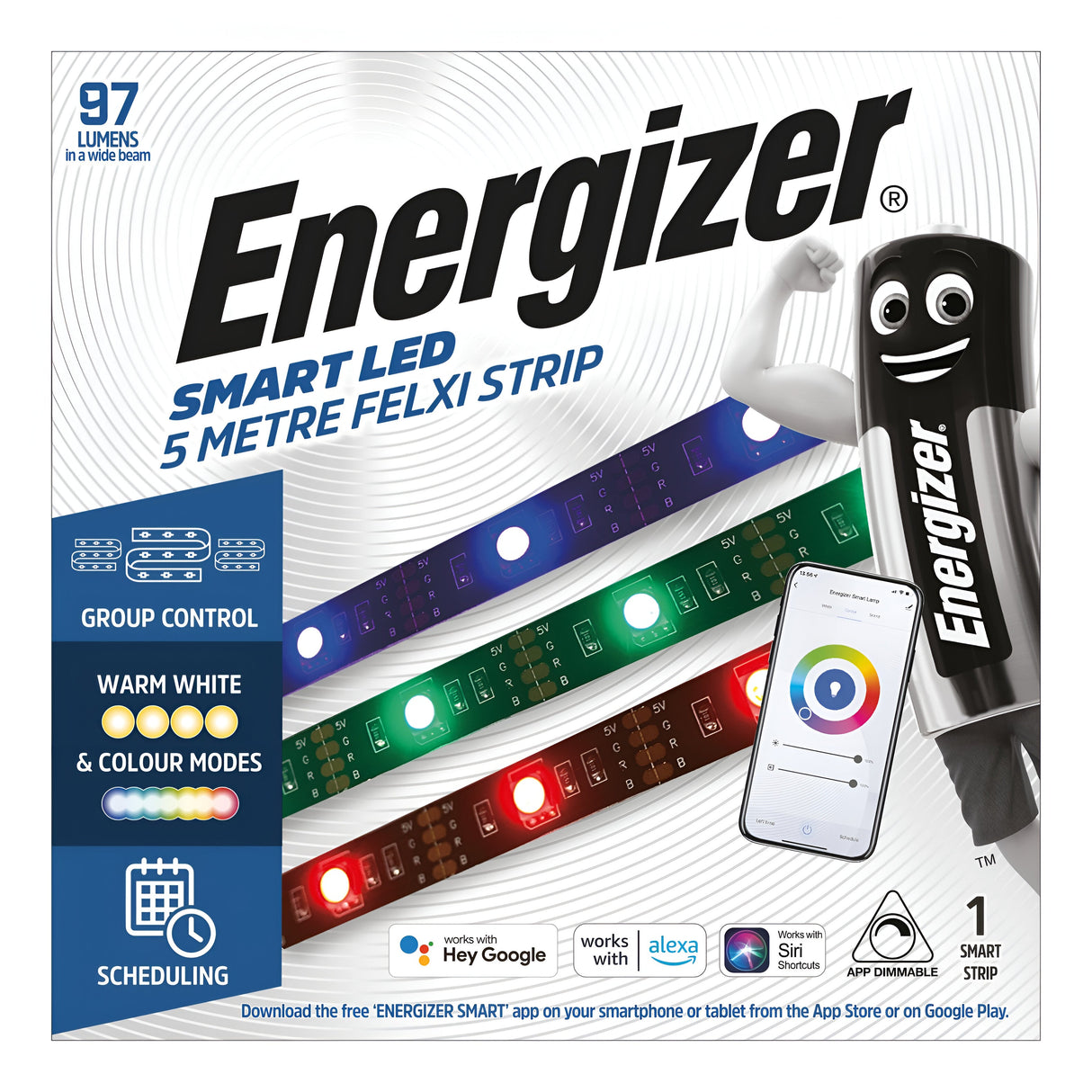 Image of an Energizer Smart Colour Changing Strip Light IP65 5m - 3000K package. It features RGBW LED lighting with color-changing capabilities, app control, and seamless voice assistant integration with Google, Alexa, and Siri. The package includes a smartphone app interface and showcases the iconic Energizer battery character.