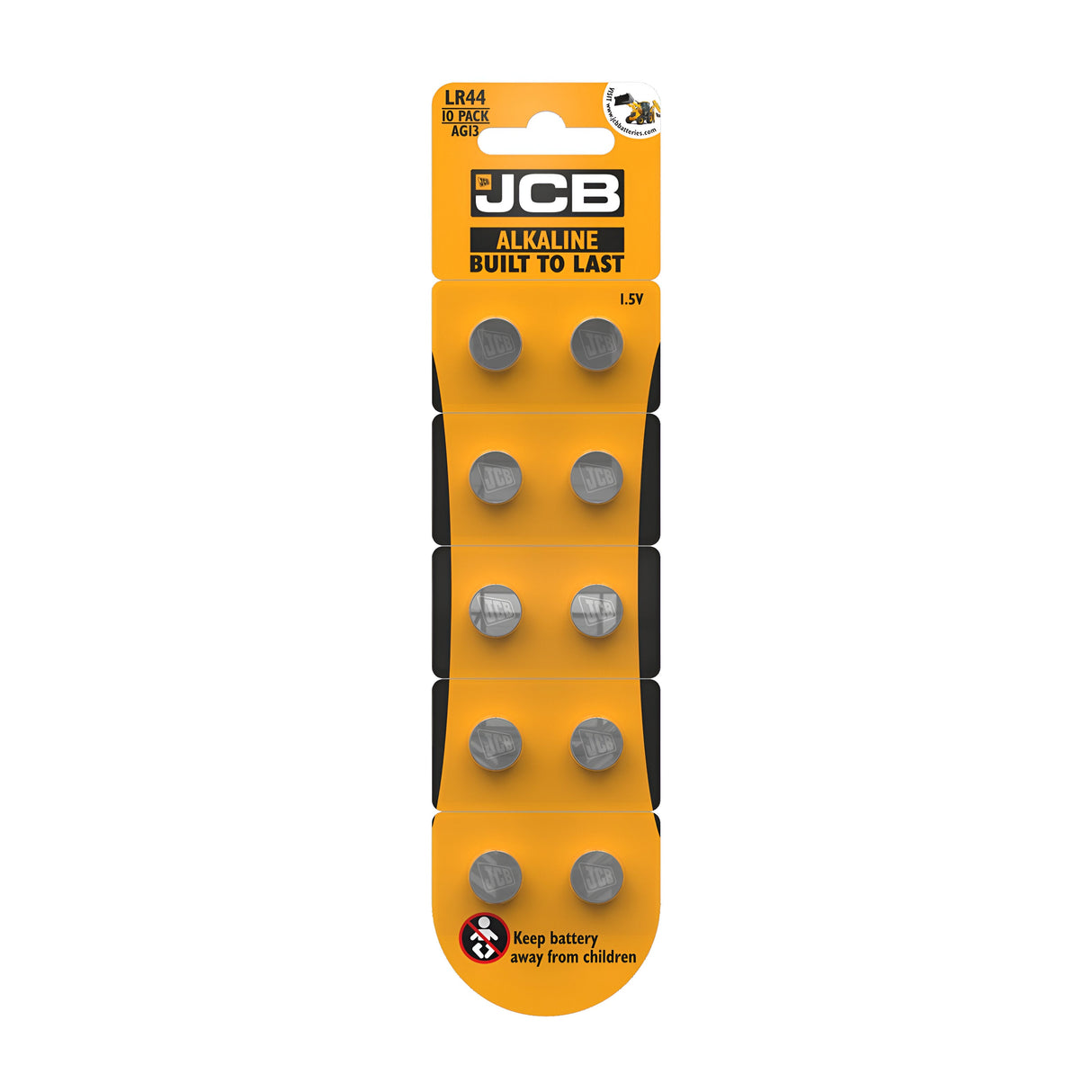 The JCB LR44 Alkaline Button Cell Batteries (10 Pack) are neatly arranged in a single row on a yellow card. They include leak-proof technology, and the packaging highlights safety with a warning in red at the bottom: Keep battery away from children.