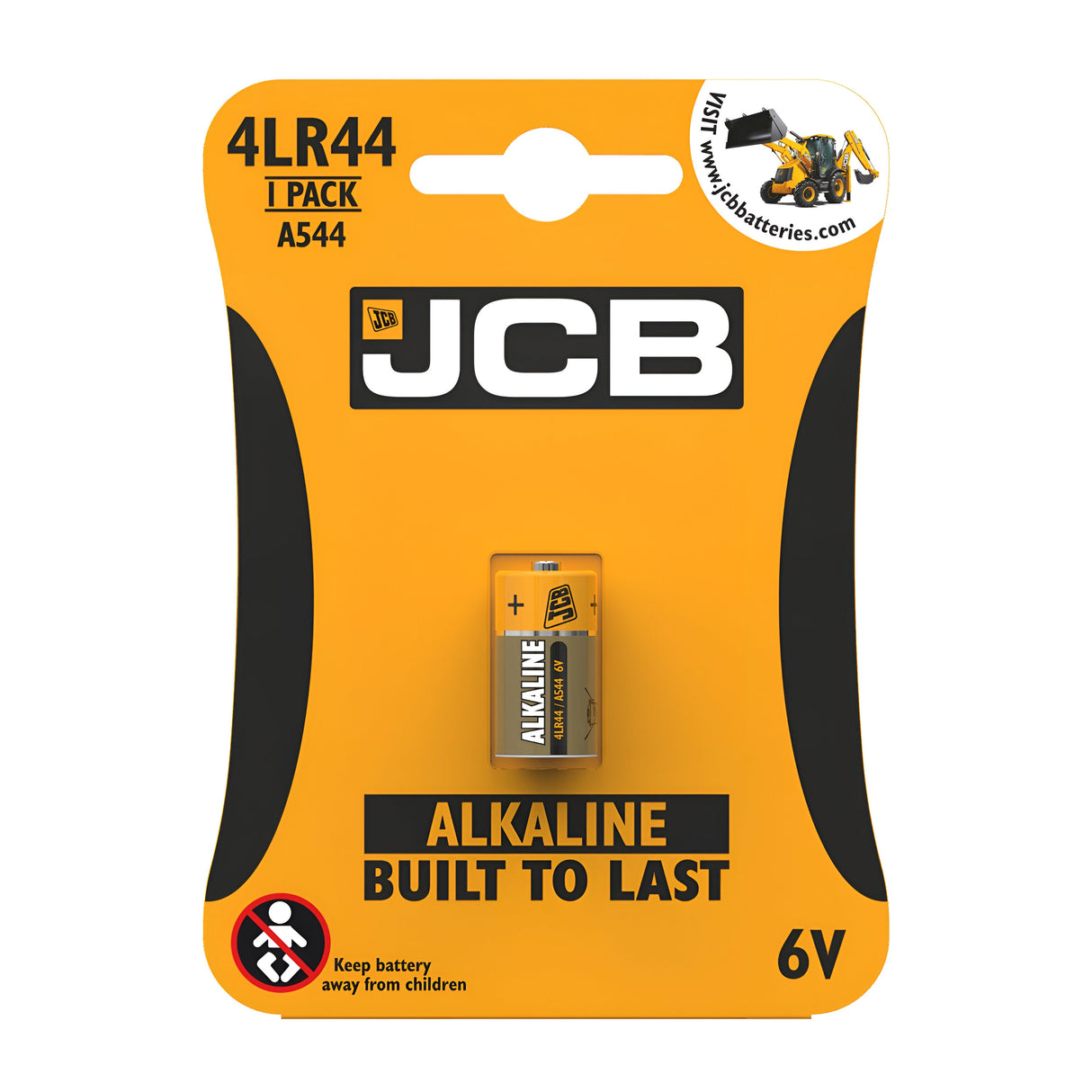 The packaging of the JCB 6V 4LR44 Alkaline Battery (1 Pack) features its vibrant yellow design, highlighting its versatility and reliability as a high-performance power source. The words "ALKALINE BUILT TO LAST" are prominently displayed, along with warnings and website information.
