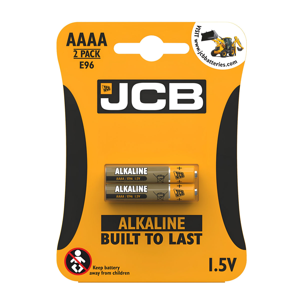 Photograph of a package featuring the JCB brand, containing a pair of JCB AAAA E96 Alkaline Batteries (2 Pack) with the tagline "Built to Last." Ideal for compact devices, it displays a bold yellow and black backdrop with a cautionary note advising to keep the batteries out of children's reach.
