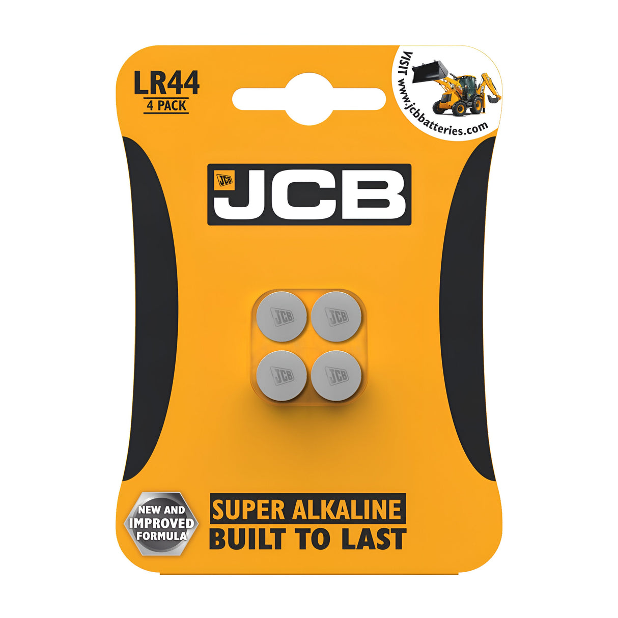 The JCB LR44 Alkaline Button Cell Batteries (4 Pack) are encased in a striking yellow and black packaging that prominently displays the JCB logo. Featuring a new and improved formula, these batteries ensure dependable performance and extended power for a wide range of devices.