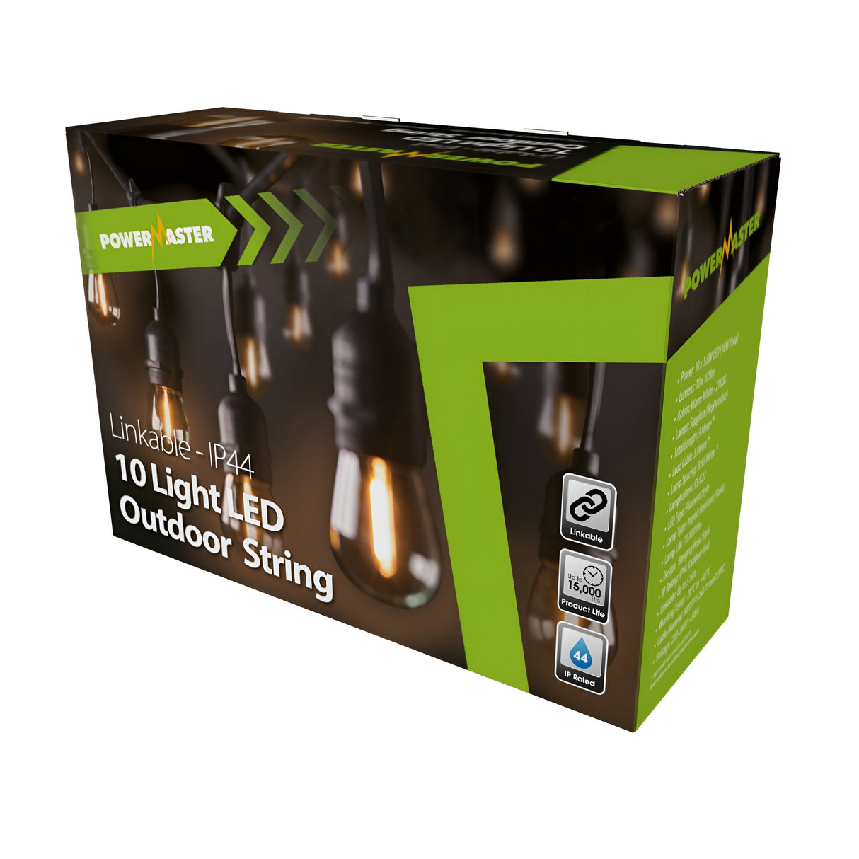 Box of PowerMaster Outdoor 10 Light Filament LED String Lights - 9m features filament-style lights on the packaging, with highlights including an IP44 waterproof rating, energy efficiency, and a 4-year warranty.