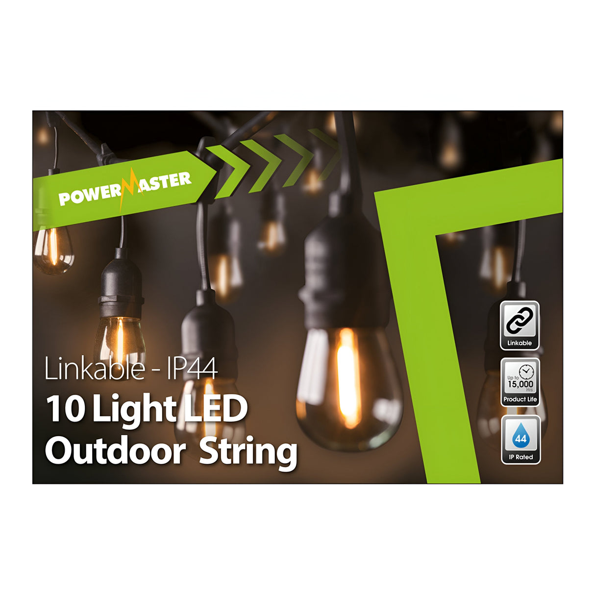 Image of the PowerMaster Outdoor 10 Light Filament LED String Lights - 9m box featuring filament-style LED bulbs, a green border, and icons for linkable capability, 15,000 hours lifespan, and IP44 rating.