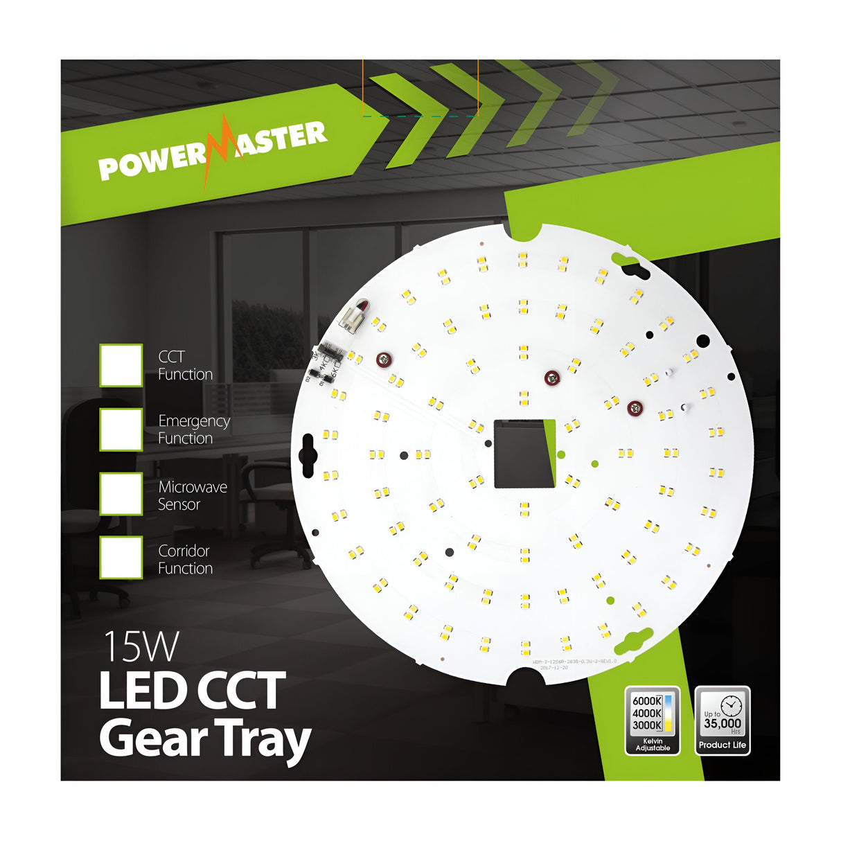The image displays a PowerMaster 17.5W LED Emergency Bulkhead Gear Tray with CCT Adjustable tech. It offers flicker-free technology, an emergency function, a microwave sensor, and a corridor feature, with adjustable color temperatures between 3000K and 4000K.