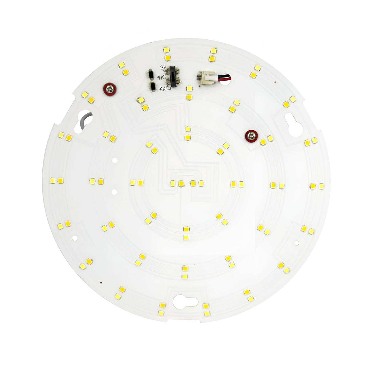 The PowerMaster 8W LED Bulkhead Gear Tray - CCT Adjustable has a flicker-free circuit with small yellow lights in a circular pattern on a white base. Various electronic components, including resistors and connectors, are visible near the center.