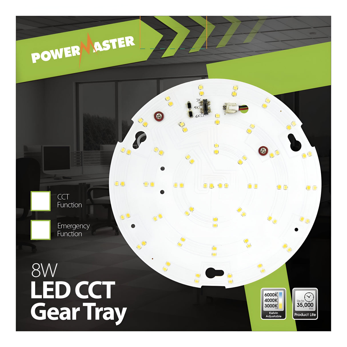 The PowerMaster 9.5W LED Emergency Bulkhead Gear Tray features CCT adjustable settings, emergency functions, and flicker-free performance with color temperatures of 3000K, 4000K, and 6000K and a lifespan of 35,000 hours.