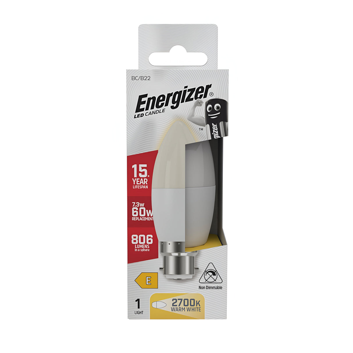 Illuminate your space with the Energizer 7.2W LED candle bulb in warm white, designed to last up to 15 years while providing 806 lumens of light. This non-dimmable B22 bulb is packaged in a stylish white box accented with red and black, along with an image of the product.