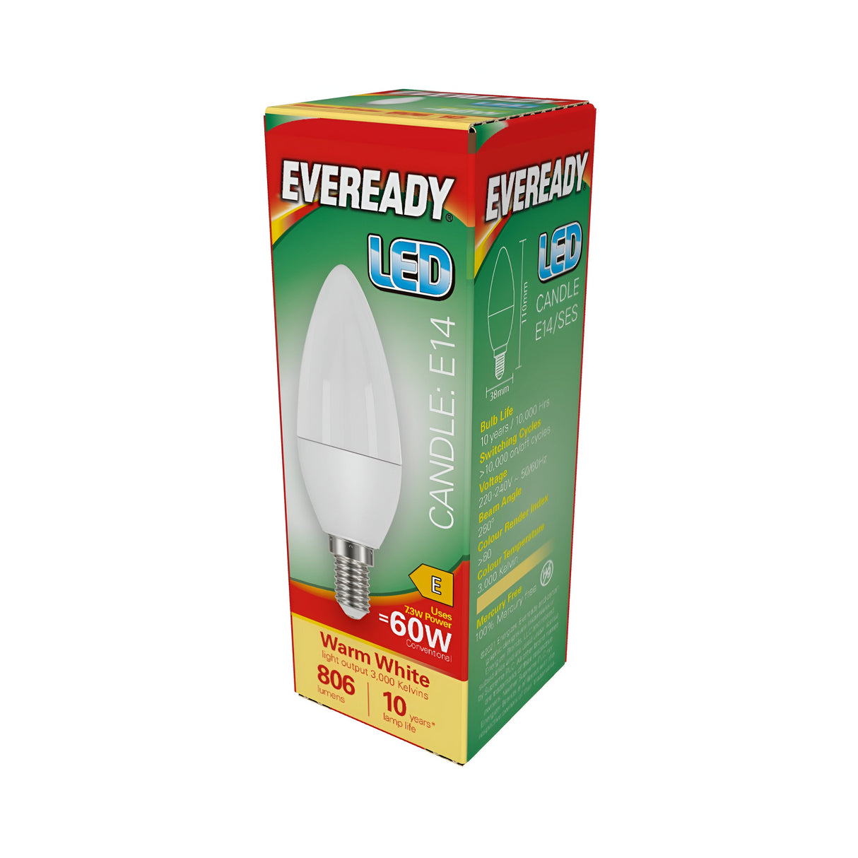 A box of Eveready 7.3W Non-Dimmable LED Candle Bulbs with an E14 base exhibits energy efficiency, featuring warm white light at 3000K and matching the brightness of a 60W bulb with 806 lumens. The bulbs are designed to last up to 10 years, and the packaging is primarily green, accented in red and yellow.