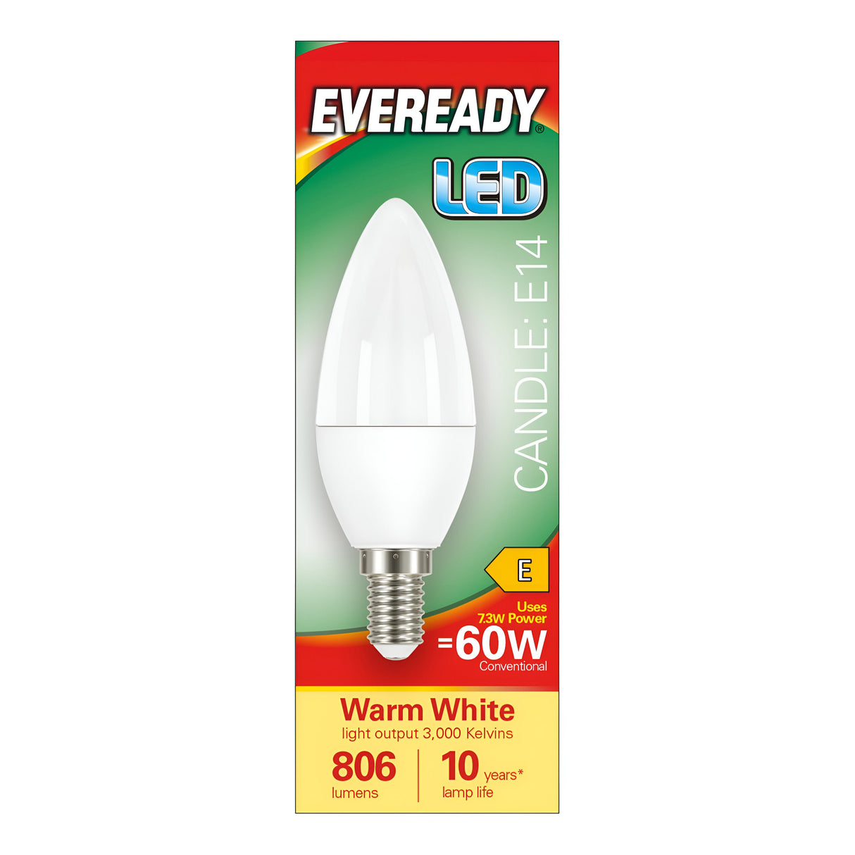 This energy-efficient Eveready 7.3W Non-Dimmable LED Candle Bulb provides a warm white light output of 3000 Kelvins and 806 lumens, with an E14 base. It consumes only 7.3 watts of power while offering the same brightness as a conventional 60-watt bulb, and it has an impressive estimated lifespan of 10 years, rated as energy class B.