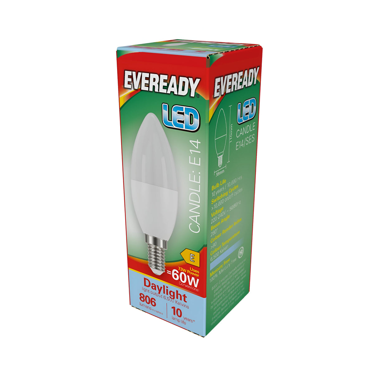 Box of Eveready 7.3W Non-Dimmable LED Candle Bulb with an E14 base, known for its energy efficiency and daylight brightness. The label indicates it as a 60W equivalent, producing 806 lumens with a lifespan of up to 10 years. The packaging is green and red, featuring a visible product image and clearly displayed specifications.