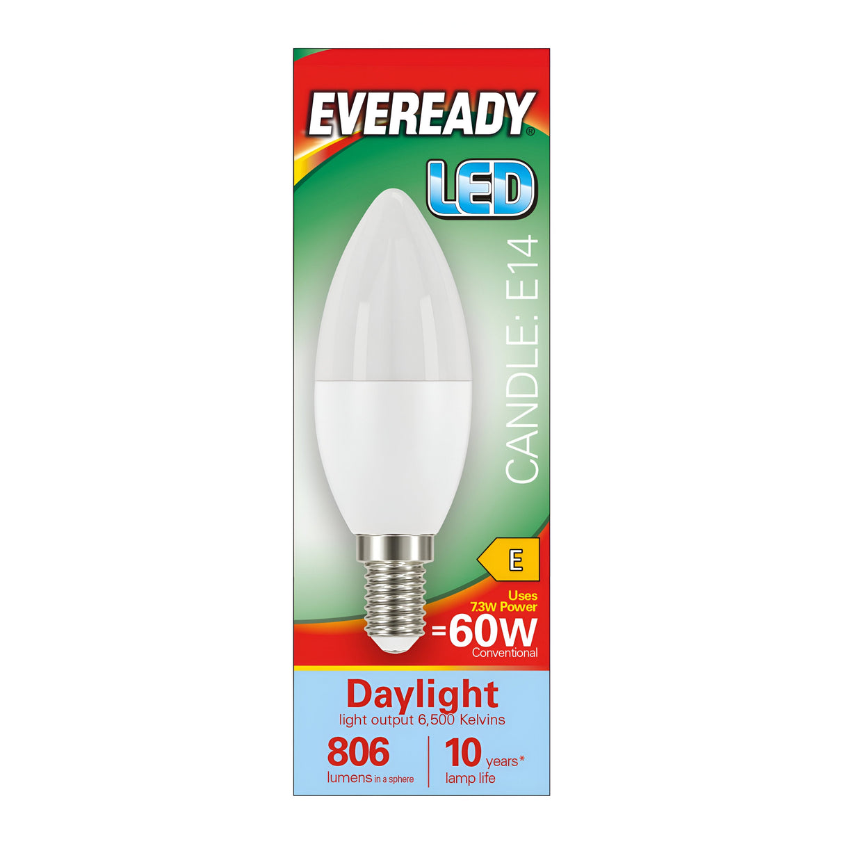 The Eveready 7.3W Non-Dimmable LED Candle Bulb, featuring an E14 base and 6500K Daylight color, delivers a bright daylight output while being energy efficient with 806 lumens. It provides the equivalent light of a 60W bulb but only consumes 7.3W, ensuring long-lasting performance with an impressive lifespan of up to 10 years.