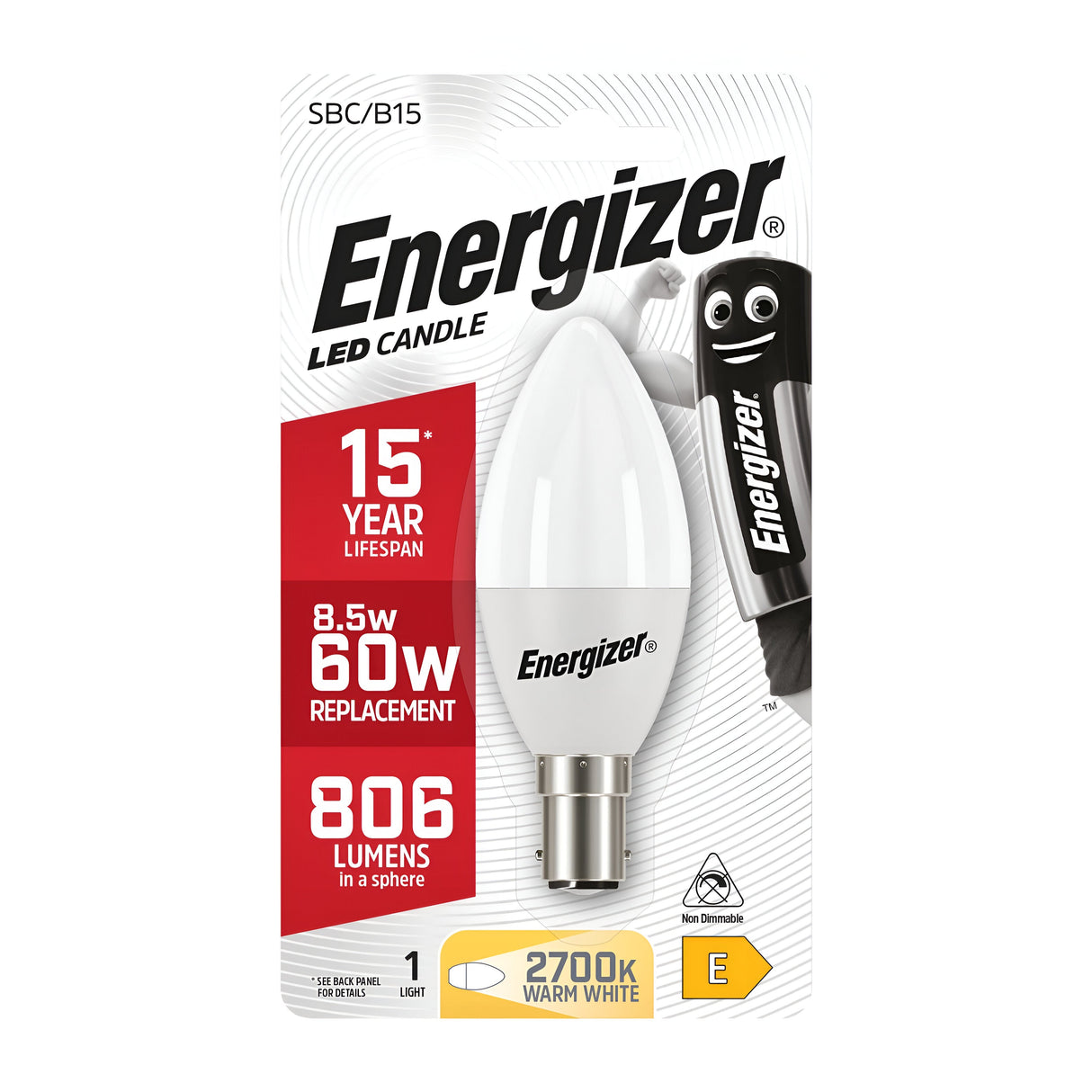 The packaging of the Energizer 8.5W Non-Dimmable LED Candle Bulb - Warm White, B15, 2700K features a cartoon mascot on the right. This energy-efficient bulb offers a 15-year lifespan and replaces a 60W bulb while using only 8.5W of power, emitting 806 lumens of warm white light at 2700K.