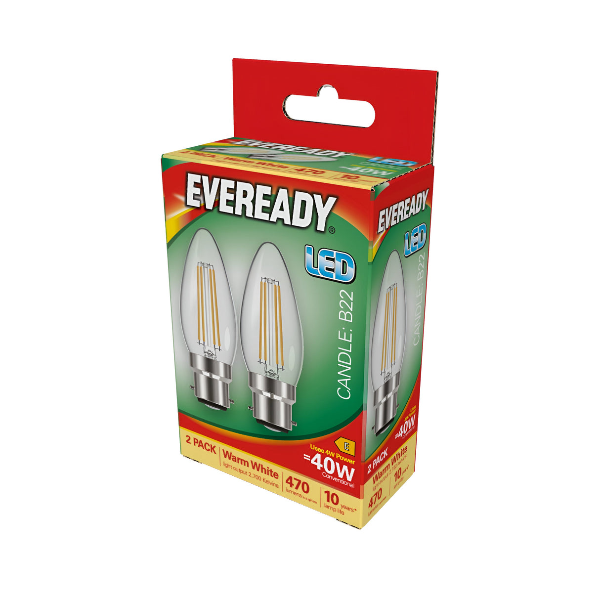 Package of two Eveready 4W Non-Dimmable LED Candle Filament bulbs with a B22 base that emit a warm white light at 2700K, equivalent to 40W. The box features vibrant red and green colors, complete with product images and branding, while the energy efficiency label can be seen on the bottom left.