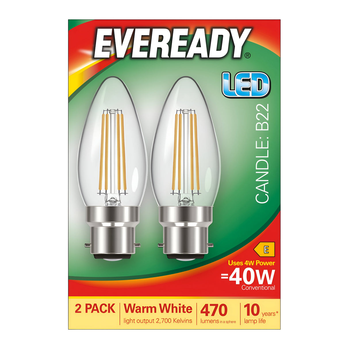 Image of the Eveready 4W Non-Dimmable LED Candle Filament Bulb package. The pack includes two energy-efficient bulbs offering a warm white glow of 2700K, delivering 470 lumens, with power consumption equivalent to a traditional 40W bulb and a lifespan of up to 10 years. The packaging is designed in green and red colors.
