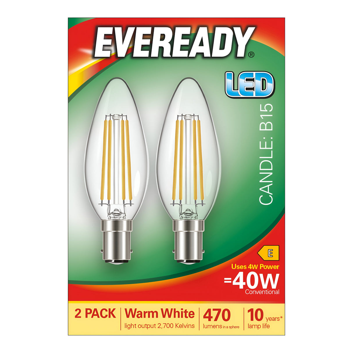 The Eveready 4W Non-Dimmable LED Candle Filament Bulb packaging highlights two B15 base bulbs that provide energy-efficient lighting in warm white. Each bulb is equivalent to a 40W bulb, producing 470 lumens at 2700 Kelvin, and they have an impressive lamp life of up to 10 years.