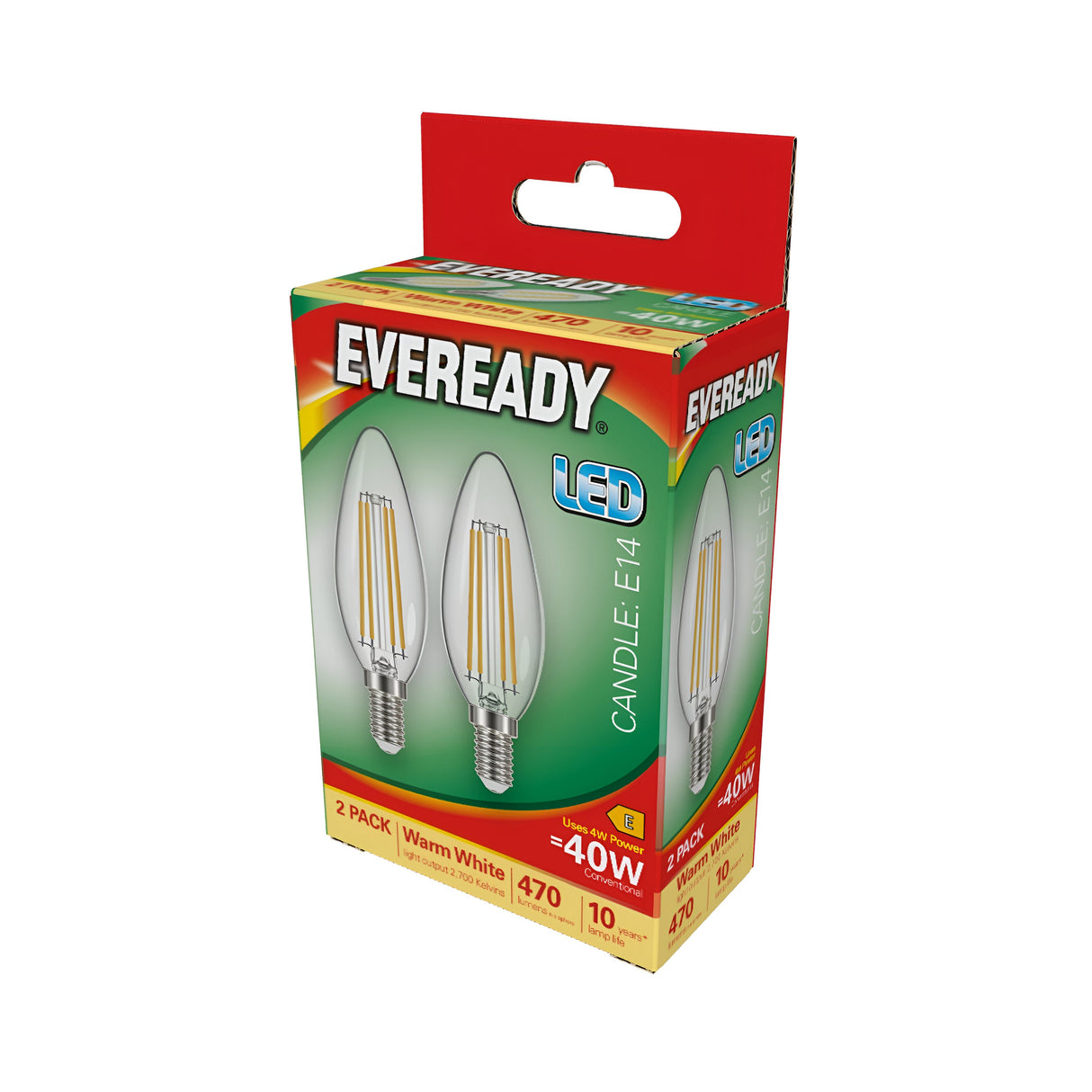 The Eveready 4W Non-Dimmable LED Candle Filament Bulb, labeled as E14, comes in a 2-pack that offers warm white light at 2700K. Each bulb emits 470 lumens of brightness and features a vintage filament design, providing an equivalent output to a traditional 40W bulb. The packaging is red and green with detailed product information.