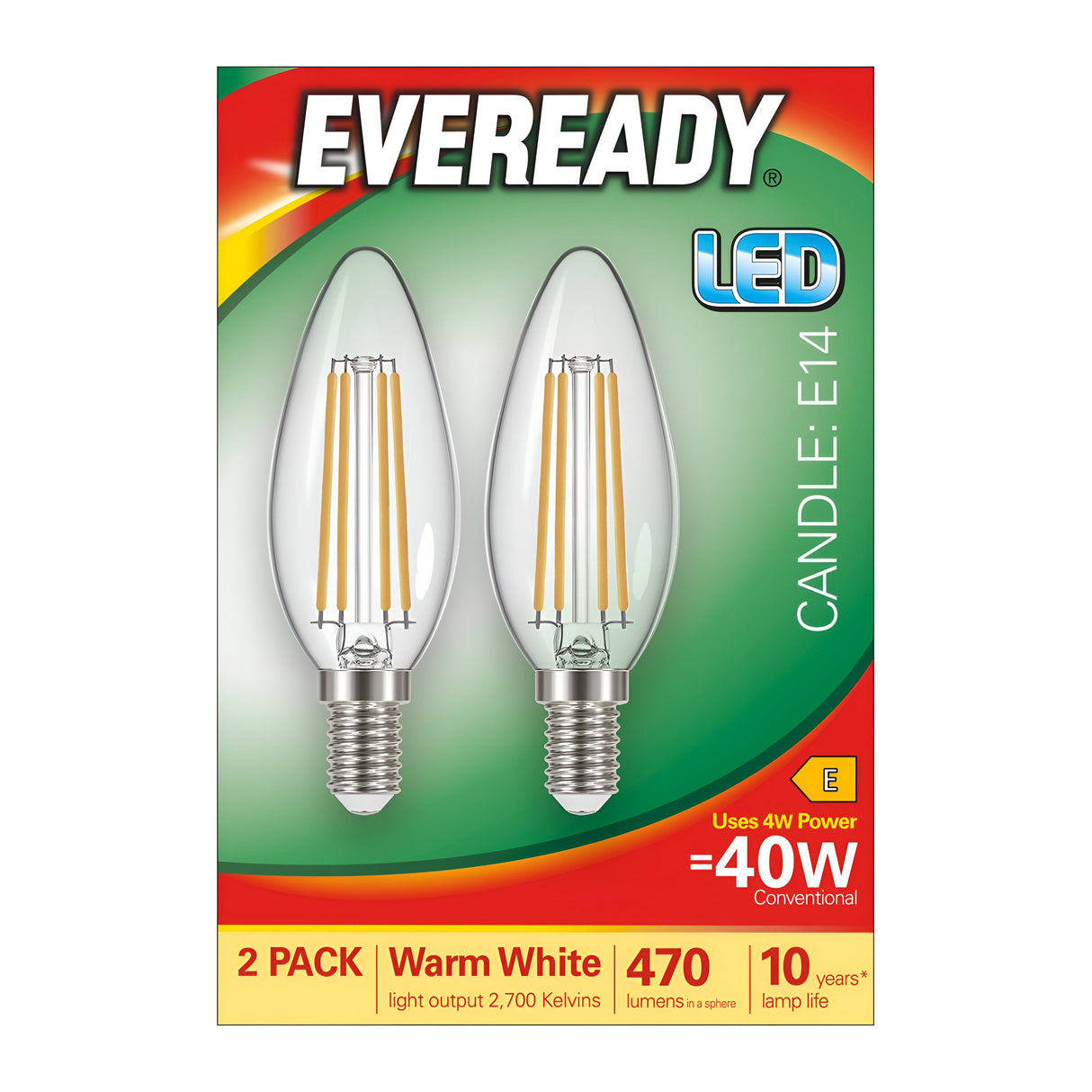 The Eveready 4W Non-Dimmable LED Candle Filament Bulb in warm white offers a vintage design and includes two E14 bulbs. Each bulb delivers the performance of a traditional 40W bulb with its 470 lumens output at 2700 Kelvin, providing a cozy atmosphere and lasting up to 10 years.