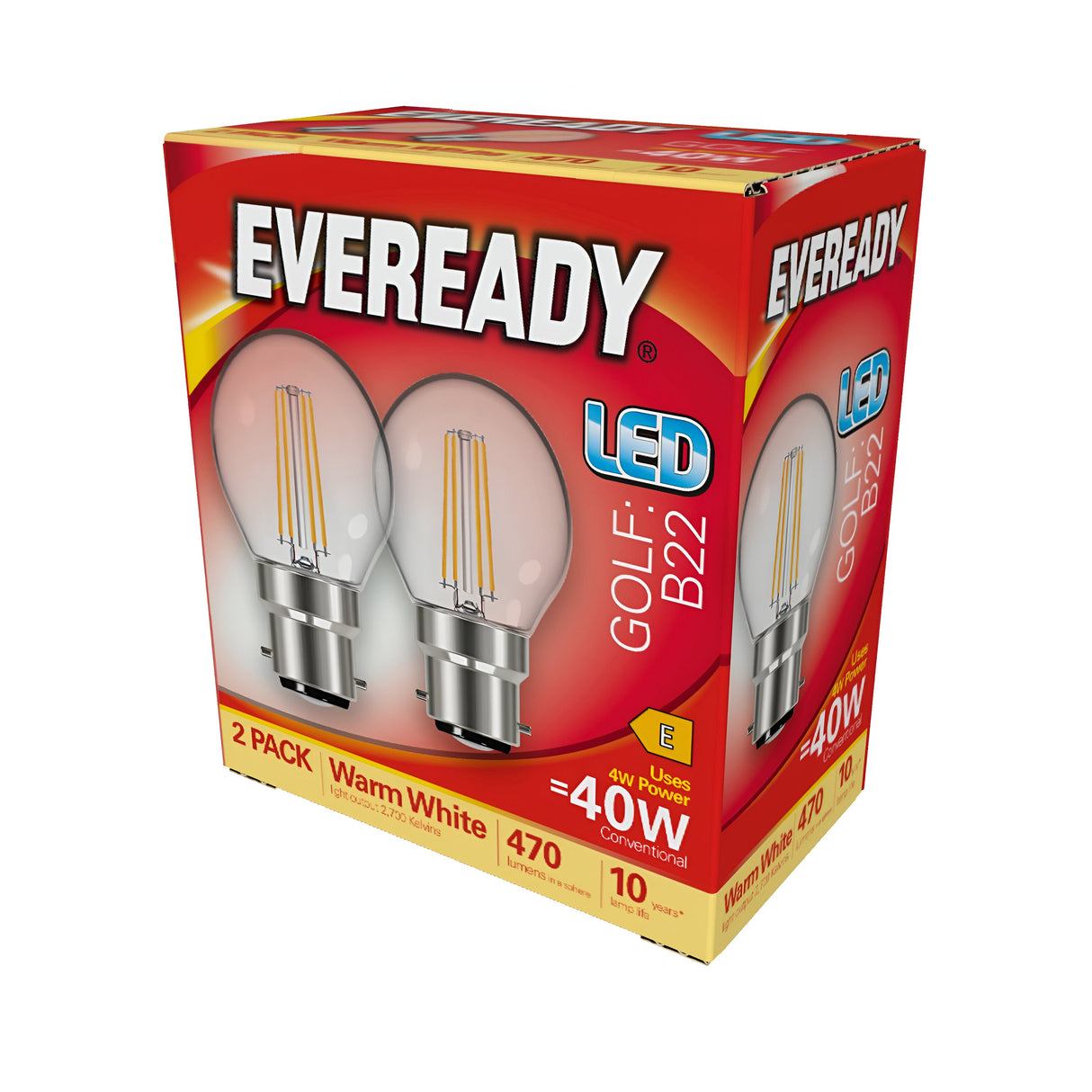 A red box of Eveready 4W Non-Dimmable LED Golf Ball Filament Bulbs, B22 base, in a 2-pack. These warm white bulbs feature a vintage filament design and provide 470 lumens, offering an energy-efficient alternative to traditional 40W bulbs. With a color temperature of 2700K, each bulb has a lifespan of up to 10 years, with all the specifications clearly outlined on the packaging.