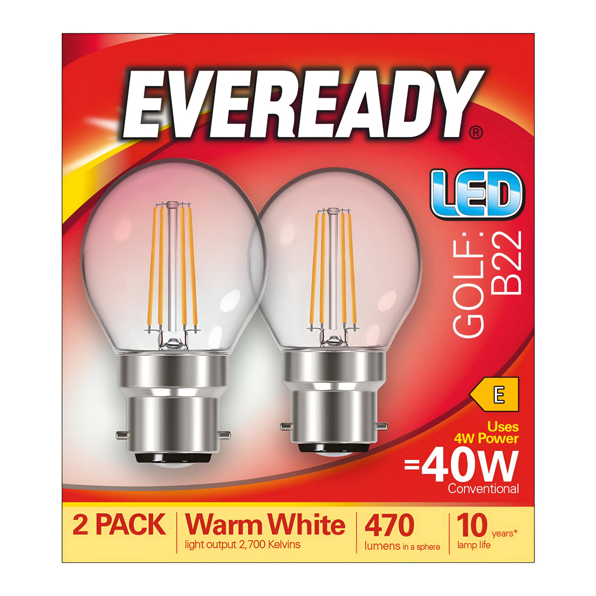 This packaging box for Eveready 4W Non-Dimmable LED Golf Ball Filament Bulbs includes two warm white bulbs with a B22 base and a color temperature of 2700K. They deliver an energy-efficient light output equivalent to 40W, providing 470 lumens each, and have a lifespan of up to 10 years.