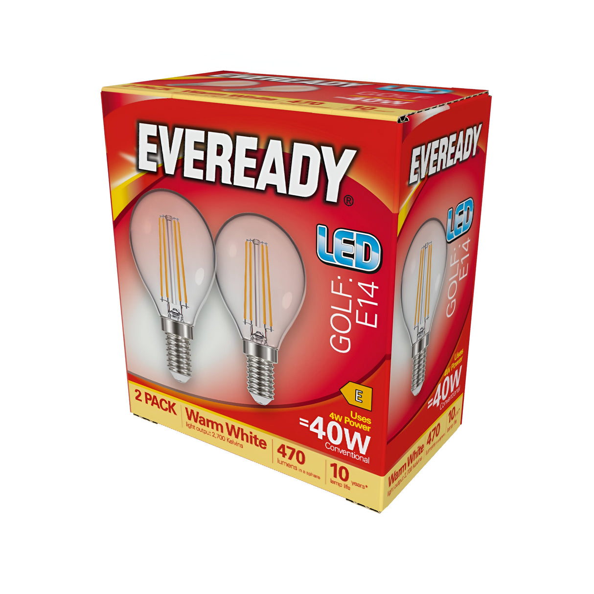 A 2-pack of Eveready 4W Non-Dimmable LED Golf Ball Filament Bulbs, with an E14 base, emits warm white light at 2700K and is equivalent to a 40W conventional bulb. These bulbs provide a brightness of 470 lumens and have a lifespan of up to 10 years, packaged in vibrant red and yellow.