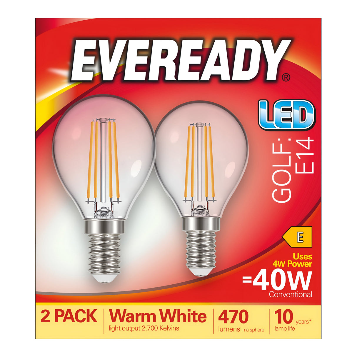 The Eveready 4W Non-Dimmable LED Golf Ball Filament Bulb, featuring the E14 model with a warm white 2700K glow, is available in a pack of two. Specifications include a brightness of 470 lumens, equivalent to a 40W traditional bulb, an energy rating of E, and an impressive lifespan of up to 10 years. These bulbs are packaged in a box with a red and orange gradient design.