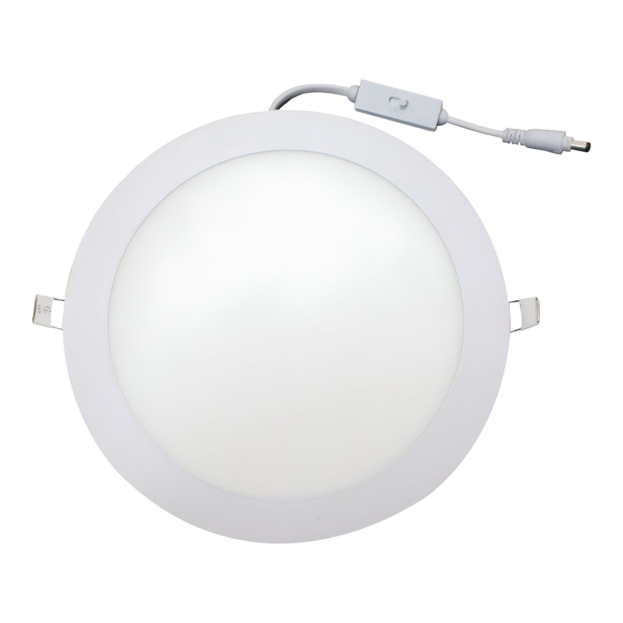 The PowerMaster Recessed LED Downlight 12W features a circular, white design with a frosted cover, attached power cord, adjustable CCT switch on the junction box, IP20 rating, and metal clips for easy mounting.