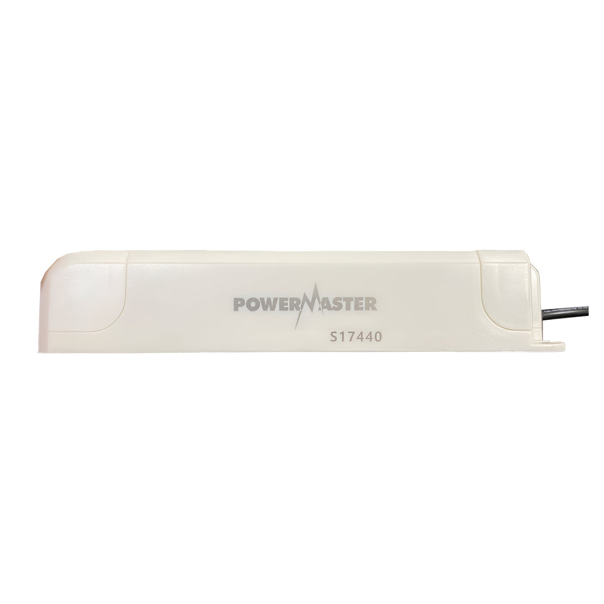 The Powermaster LED Dimmable Constant Current Driver (45W, 1000mA) is a white rectangular device with a black cable on the right side. It integrates efficiently with Triac systems against a plain white background.