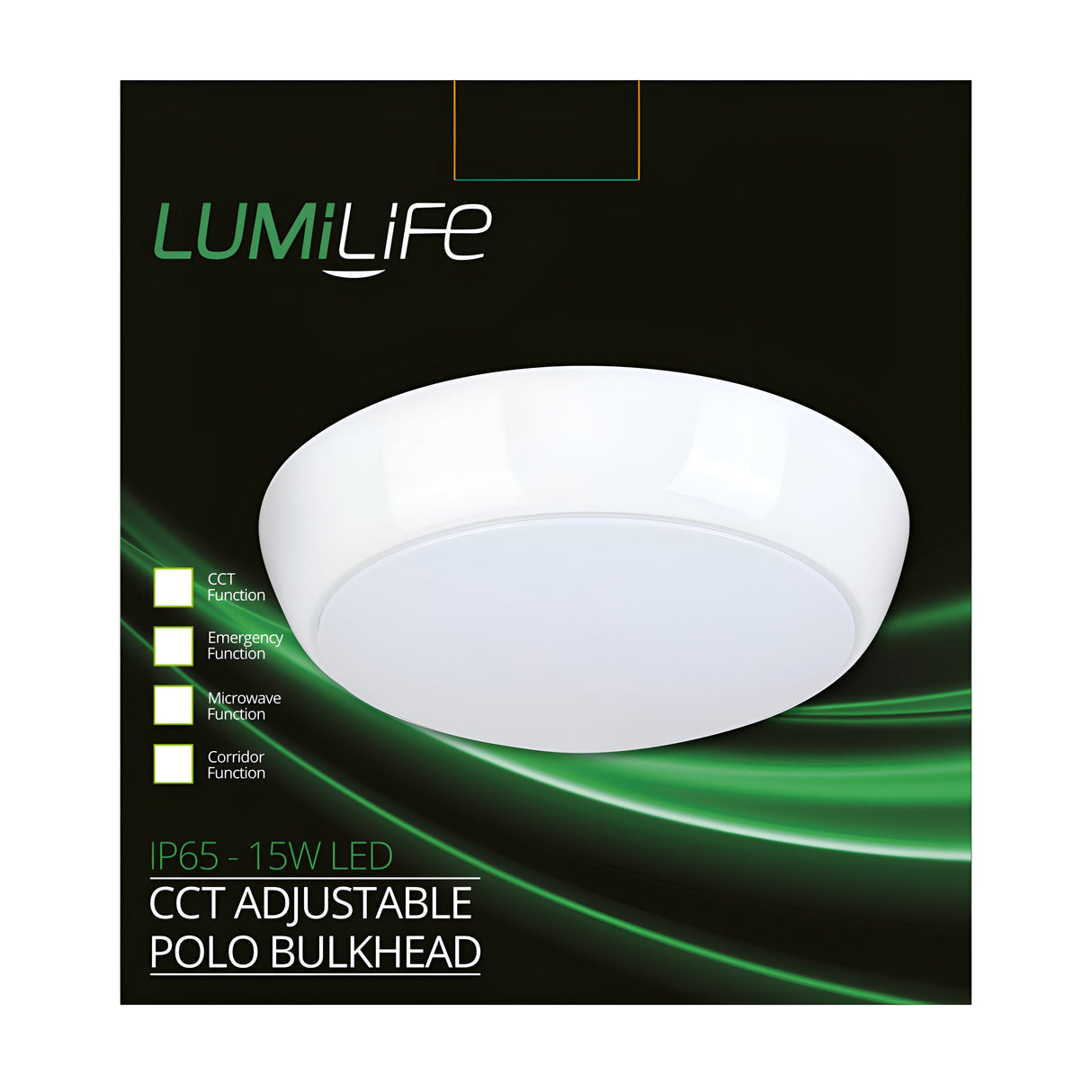 Image of a Lumilife LED light box. The packaging showcases a round, white ceiling light with adjustable CCT and features including emergency, microwave, and corridor functions. This energy-efficient light is rated at 17.5W with an IP65 rating and is called the Outdoor Polo Bulkhead. The background includes green accents.