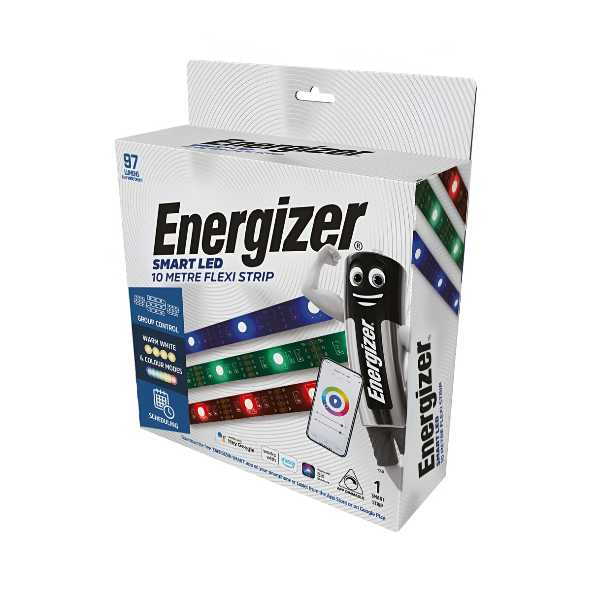 The packaging for the Energizer Smart Colour Changing Strip Light IP65 10m - 3000K is depicted. The box features images of RGBW colour-changing LED strips, an app-controlled smartphone, and a character resembling an Energizer battery on the side, emphasizing its compatibility with voice control systems.