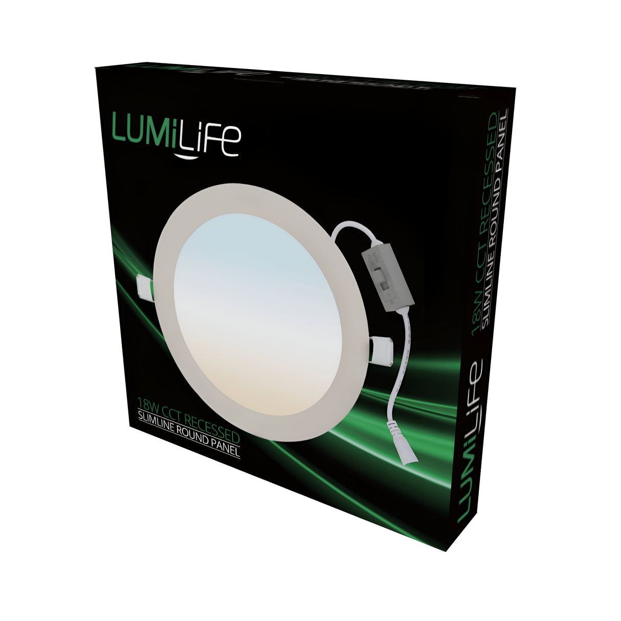 Packaging of a LumiLife Recessed LED Large Circular Downlight 18W - CCT Adjustable. The box features an image of the white circular LED downlight with an attached cable and switch set against a dark backdrop, emphasizing its energy-efficient lighting design.