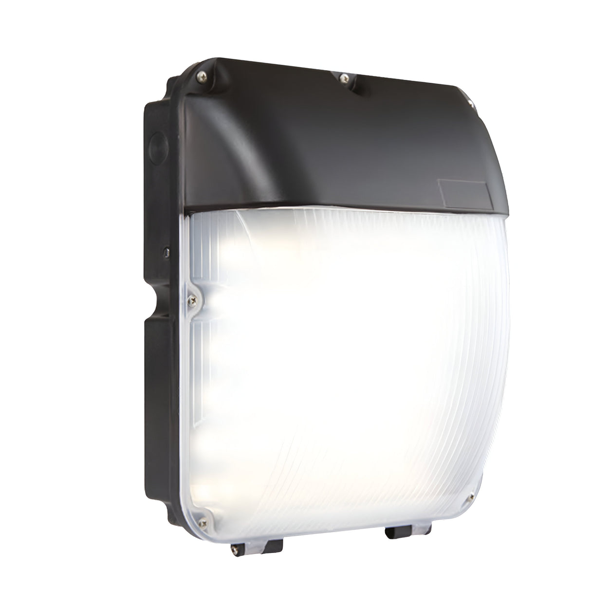 A close-up of the LumiLife Outdoor LED Bulkhead - CCT Adjustable, an energy-efficient outdoor lighting fixture with a sleek black and white rectangular design. The top is black, while the bottom features a frosted lens that elegantly diffuses light.