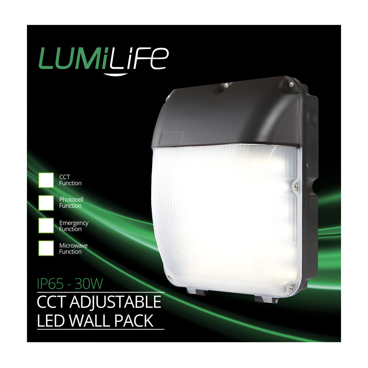 Introducing the LumiLife Outdoor LED Bulkhead - CCT Adjustable, an energy-efficient lighting solution perfect for outdoor spaces. It features adjustable color temperature, photocell, and emergency capabilities, making it suitable for any environment. This light is rated IP65 at 30W and boasts a sleek black design with green accents.