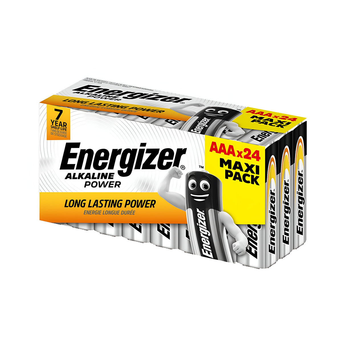 The Energizer Power AAA LR03 Alkaline Batteries (24 Pack) features a mascot on the packaging to emphasize their long-lasting energy. The box prominently displays "MAXI PACK" in red, while the leak-resistant design keeps the batteries visible within the open packaging.