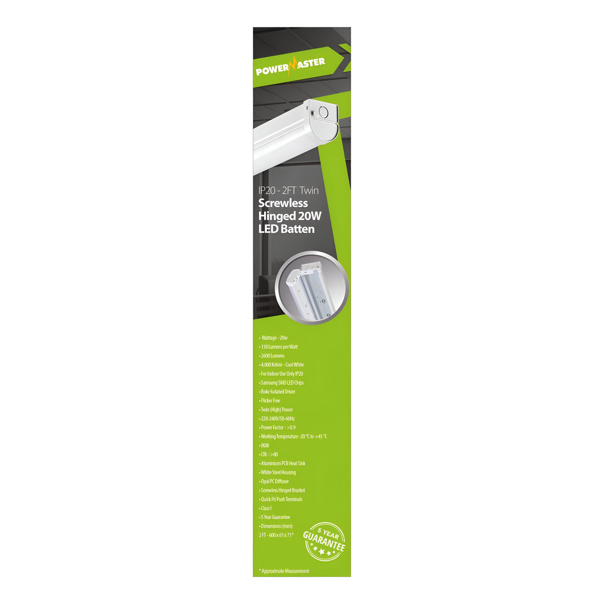 The packaging for the PowerMaster 2ft 20W LED Screwless Hinged Twin Batten in Cool White (4,000K) features a sleek green and white design that highlights key specifications alongside a circular image of the LED batten light. This efficient product delivers an impressive 130 lumens per watt, ensuring optimal brightness and energy savings.