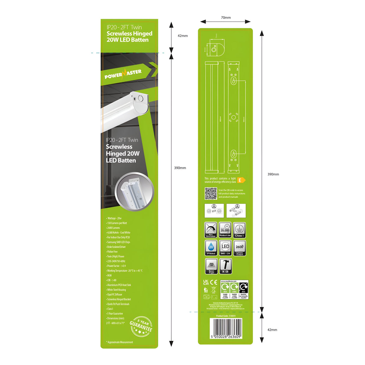 The packaging design for the PowerMaster 2ft 20W LED Screwless Hinged Twin Batten features product details and a close-up image of the LED, highlighting its efficiency of 130 Lumens per Watt. The reverse side displays dimensions, installation illustrations, and certification symbols set against a green and white backdrop.