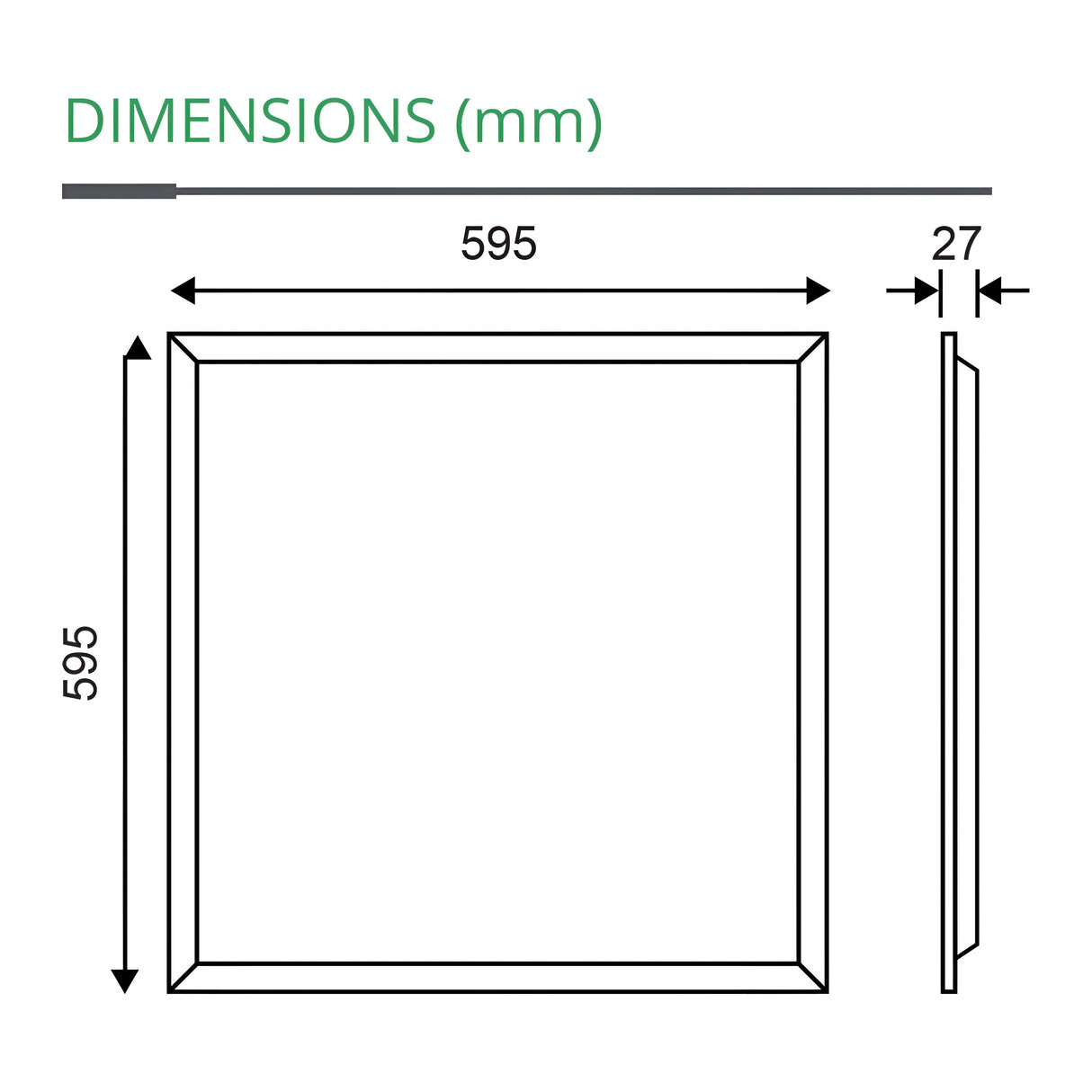 The diagram depicts the dimensions of an energy-efficient square frame designed for easy integration with a Lumilife 600x600mm LED Backlit Panel Light. The front view measures 595 mm by 595 mm, while the side view reveals a thickness of 27 mm. The title "DIMENSIONS (mm)" is displayed in green.
