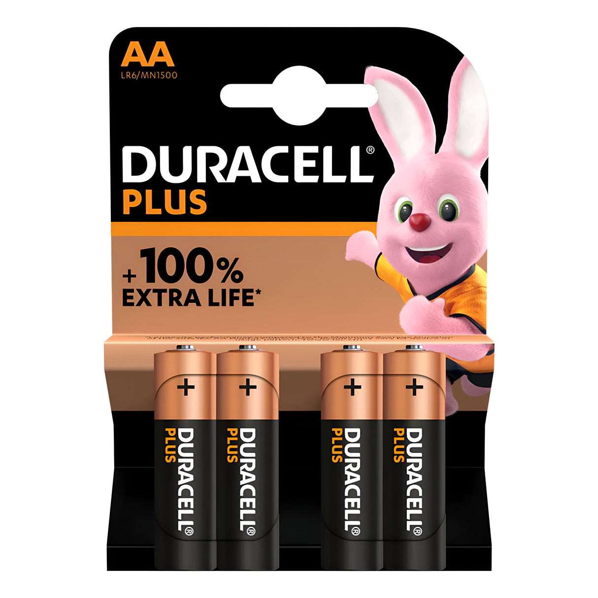 A 4-pack of Duracell Plus Power +100% AA LR6 Alkaline Batteries, featuring packaging with a pink bunny in an orange shirt on a black and brown background, emphasizing reliable energy with +100% Extra Life—ideal for powering high-performance devices.