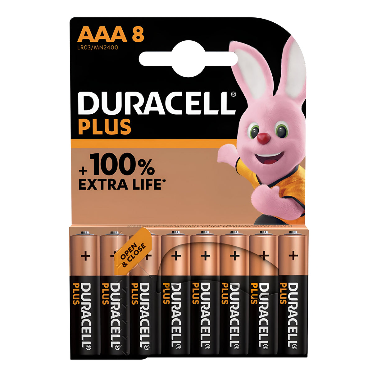 Duracell Plus Power +100% AAA LR03 Alkaline Batteries (8 Pack), featuring the iconic Duracell bunny in the top right, provide +100% Extra Life for dependable energy ensuring your devices run smoothly.